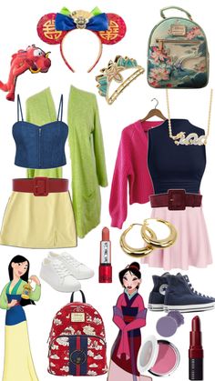 an assortment of disney princess outfits and accessories