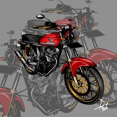 a drawing of a red motorcycle on a gray background