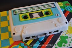 a cake made to look like a cassette tape recorder