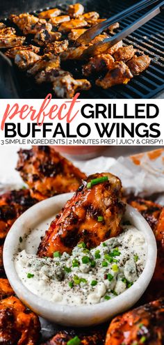 grilled buffalo wings with ranch dressing on the side and text overlay that reads perfect grilled buffalo wings