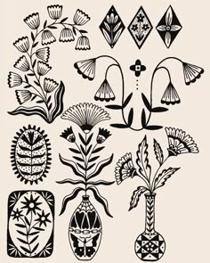 an image of some flowers and plants in black and white on a light beige background