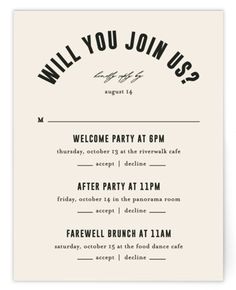 a party card with the words will you join us? in black ink on white paper