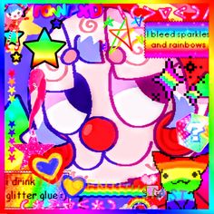 an image of a colorful clown with stars and hearts on it's face in the background