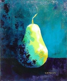 a painting of a pear sitting on top of a blue surface with green and purple colors