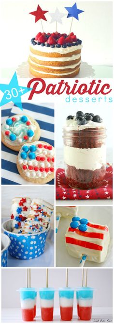 patriotic desserts with red, white and blue frosting on them are perfect for the fourth of july