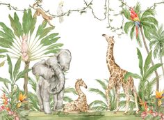 an elephant and two giraffes are standing in the jungle with tropical plants