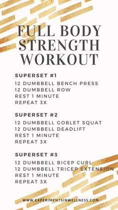 the full body strength workout plan is shown in gold and white with an orange background