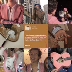 a collage of photos with people holding guitars and playing instruments, including a man in a pink suit