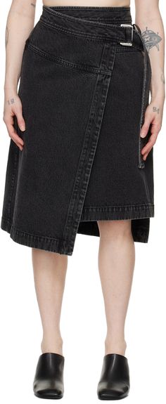 3.1 Phillip Lim - Black Wrap Denim Midi Skirt Wrap Skirt Denim, Black Denim Midi Skirt, Denim Wrap Skirt, Midi Denim Skirt, Belted Midi Skirt, Cinch Belt, Skirt Wrap, Midi Denim, Skirt Denim