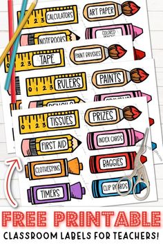 free printable classroom labels for teachers with crayons and pencils on them