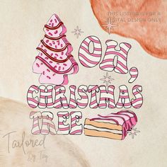 a piece of cake with pink frosting on it and the words christmas tree written in large letters