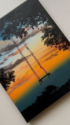 an oil painting of trees in the sunset