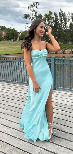 Gorgeous Baby Blue Satin Side Slit Spaghetti Straps Long Evening Prom – MarryLover Light Teal Prom Dresses, Prom Dresses 2025, Aqua Blue Prom Dress, Graduation Dresses High School, Light Blue Long Dress, Aqua Prom Dress, Simple Prom Dresses, Simple Homecoming Dresses, Royal Blue Prom