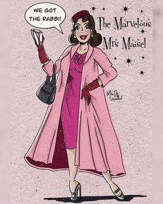 a drawing of a woman in a pink dress and coat with a speech bubble above her head