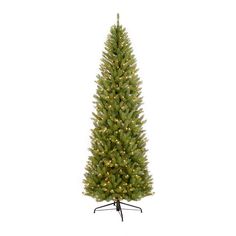 a green christmas tree with white lights on the top and black stand against a white background