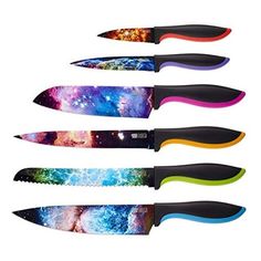 four different types of knifes with the same design on them, each one has a colorful