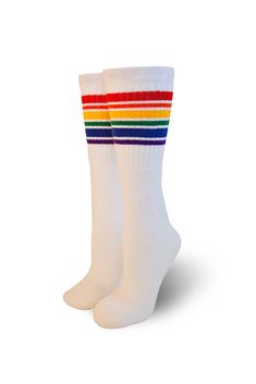 Start your child's journey of self-discovery with a celebration of his or her uniqueness with colorful, fun and bright Pride Socks! These retro tube socks are approximately 10 inches and are made to fit BABIES, TODDLERS and KIDS. Expect them to be: -thigh-high for infants -over-the-knee for toddlers 1 to 3 years old -knee-high for kids 3 to 5 years old Tube socks are made of 75% Ring Spun Cotton, 14% Nylon, 7% Acrylic, 4% Spandex and proudly made in the USA! Thigh High Tube Socks, Pride Socks, Striped Tube Socks, Toddler Socks, Big Clothes, Anything Is Possible, Tube Socks, Girls Socks, Kids Outfits Girls