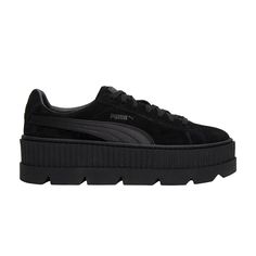 Find PUMA Fenty X Wmns Cleated Creeper on Editorialist. Part of the third season of the FENTY PUMA by Rihanna collection, the Rihanna x Fenty Cleated Creeper 'Black' is the artist's take on preppy suede platform shoes. Dressed in monochromatic black, the suede upper features a padded collar and a tonal leather PUMA formstripe on the side panel. An elevated Creeper platform midsole with a cleated rubber outsole completes the look. It dropped in September 2017 alongside a ‘Golden Brown’ colorway. Puma Creepers, Puma Fenty, Fenty X Puma, Fenty Puma, Platform Sneaker, Puma Platform Sneakers, If The Shoe Fits, Shoe Fits, Creepers