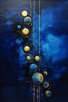 an abstract painting with blue and yellow colors on it's surface, including the planets