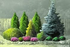 a painting of trees and bushes in a garden