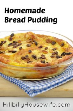 homemade bread pudding in a glass dish on a wooden cutting board with text overlay