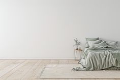 an empty room with a bed, rug and plant on the floor in front of it