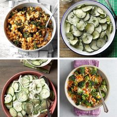 four different bowls filled with food on top of a table