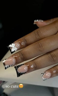 Black And White Cute Nails, Cute Duck Nails Black, Birthday Short Acrylic Nails, Short Acrylic Nails 2024, Acrylic Nails Duck Shape, Rod Wave Nail Ideas, White And Black French Nails, Duck Nail Designs Short, Black Theme Nails