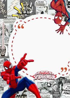 a spiderman poster with various images and words on the back ground, as well as an oval frame