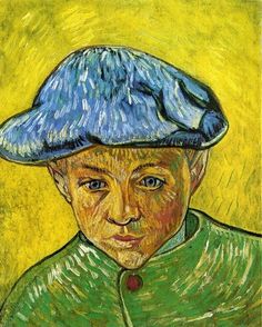 a painting of a man with a blue hat on his head and green shirt, in front of a yellow background