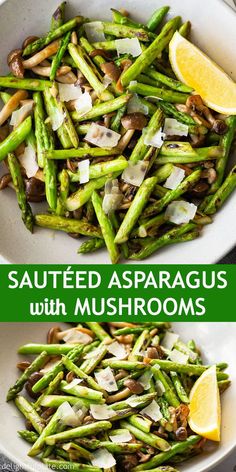 asparagus with mushrooms and parmesan cheese in a white bowl