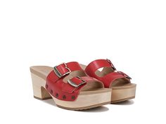 Dr. Scholl's Original Vibe Platform Slide Sandal - Women's Sandals : Heritage Red Leather : Step forward with confidence and a modish look donning the Dr. Scholl's Original Vibe Platform Slide Sandal. These block heels feature slip-on construction with adjustable buckle closure, and cushioned rubber insole providing arch support. Leather working Group( LWG) certified. Leather upper. Polyurethane lining. Brand detailing on the footbed. Open round toe design. Rubber outsole. Imported. Measurements: Heel Height: 2 1 2 in Weight: 8.5 oz Product measurements were taken using size 7, width M. Please note that measurements may vary by size. Red Mules With Removable Insole For Summer, Red Mules With Wooden Heel For Summer, Womens Slides Sandals, Platform Slides, Womens Slides, Leather Shoes Woman, Luxury Store, Gold Leather, Metal Buckles