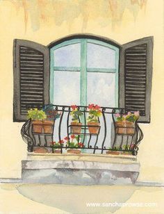 a painting of a balcony with potted plants on the railing and an open window