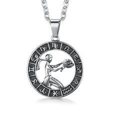 the zodiac sign pendant is shown on a silver plated chain with an image of a woman holding a tennis racquet