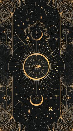 the sun and moon are depicted in this art nouveau style design, with gold foil on black