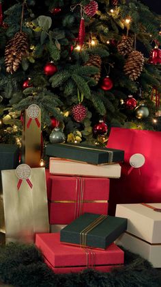 presents under the christmas tree are wrapped in red and gold paper