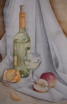 a painting of an apple, wine glass and bottle on a cloth with white draperies