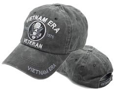 US Vietnam War ERA Veteran tan Hat, 1960 to 1975 Embroidered letters Celebrates the service of Vietnam ERA Veterans Adjustable strap to fit most adults, men and some women Pre-curved bill. Structured, low-profile crown, button top and sewn eyelets for ventilation Durable, soft brushed Cotton Subdued grey, black and silver colors Vintage Dad Hat With Letter Print, Vintage Flat Brim Hat With Letter Print, Vintage Black Baseball Cap, Black Vintage Style Baseball Cap, Vintage Black Fitted Baseball Cap, Vintage Gray Hat, Vintage Trucker Hat With Letter Print And Curved Brim, Vintage Black Dad Hat, Vintage Black Baseball Cap With Letter Print