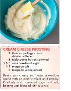 a recipe for cream cheese frosting in a blue bowl