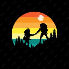 the silhouette of two people holding hands in front of a sunset