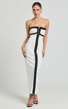 Catherine Midi Dress - Strapless Cup Bust Pencil Dress in White Strapless Bodycon Bandage Dress For Formal Events, White Bandeau Bodycon Strapless Dress, White Strapless Bodycon Bandeau Dress, Formal Strapless Bodycon Dress, Elegant Bandeau Bodycon Dress, White Strapless Bandage Dress For Night Out, White Bandeau Bodycon Dress For Party, Chic White Bandeau Bodycon Dress, Party Wear Midi