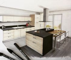 an artist's rendering of a kitchen with black counter tops and wooden cabinets, along with markers on the floor