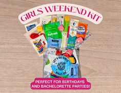 The Girls Weekend Kit is crafted to replenish and rejuvenate you after a fun-filled weekend with your besties! Bag & Sticker: - Clear bag is a reusable small PVC transparent plastic. Dimensions 5.9 (L) X 5.1 (W) X 1.38 (H) - Sticker is 3" Note: At times, an item may be substituted with a comparable item that will always be worth the same or more than the listed item in order to get your kit(s) shipped to you in a timely manner. Goodie Bags For Women, Girls Trip Gifts Bags, Hangover Recovery Kit, Chicago Girls, Bag Sticker, Cruise Gifts