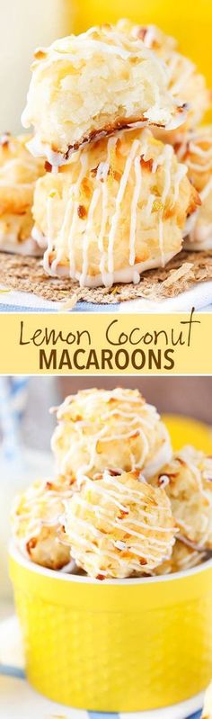 lemon coconut macaroons with icing in a yellow bowl