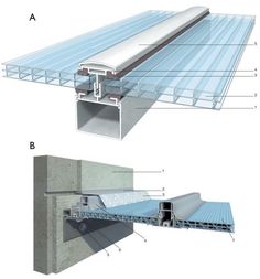 two views of the different sections of a building with metal roofing and glass walls