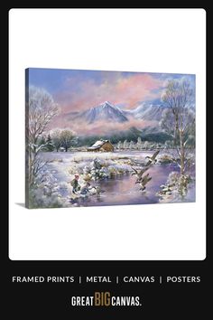 a painting of a snowy landscape with mountains in the background