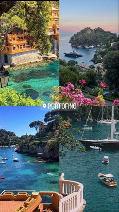 four different views of boats in the water