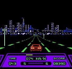 an old - school computer game with a car driving down the road in front of city lights