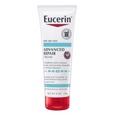 Eucerin Advanced Repair Body Cream is a breakthrough in repairing very dry skin and fighting dryness at its source. This Eucerin cream for very dry skin provides 48 hour moisture, for skin that looks and feels healthy, moisturized and soft. Eucerin Advanced Repair Cream is enriched with Ceramides-3 and Natural Moisturizing Factors (amino acids that are naturally found in the skin). It helps to strengthen the skins moisture barrier to lock in moisture and boosts hydration to help prevent dryness Eucerin Healing Cream, Eucerin Repair, Eucerin Urea Repair, Skin Repair Cream, Dermatologist Recommended Skincare, Best Lotion, Lotion For Dry Skin, Cvs Pharmacy, Cream For Dry Skin