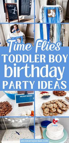 a collage of photos with the words time flies toddler boy birthday party ideas